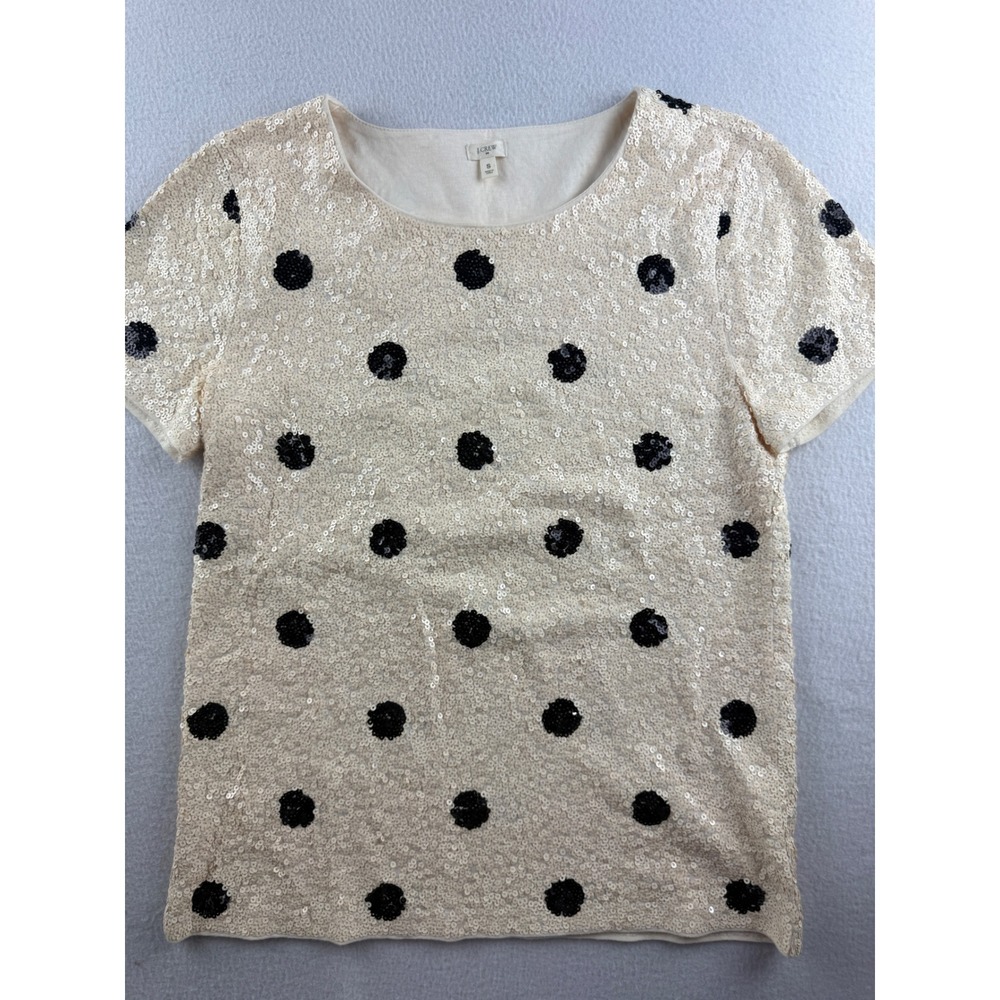 J.Crew Womens Sequin Polka Dot Short Sleeve Top Cream Black 02057 Size S